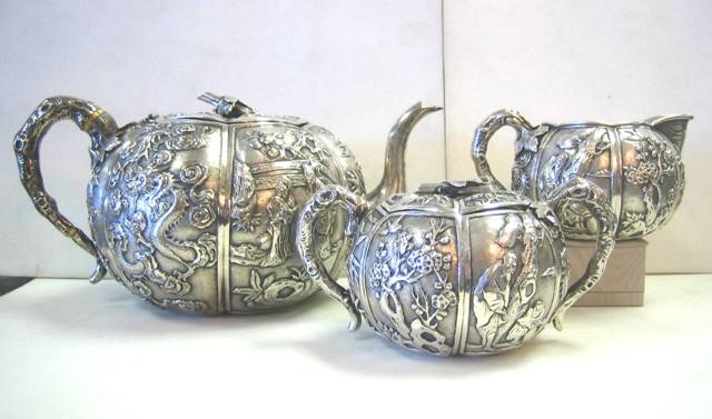 1920'S HONG CHUNG JAPANESE EXPORT SILVER REPOUSSE TEASET